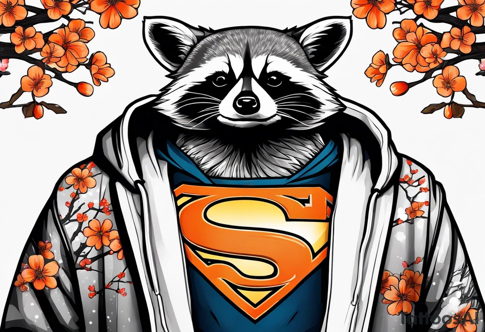 raccoon wearing a black and white Superman hoodie and orange Japanese cherry blossoms tattoo idea
