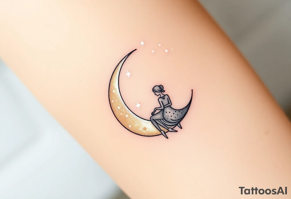A crescent moon with a couple sitting together, wrapped in a starry sky. The moon is softly glowing with shades of silver and pale gold, with intricate dotwork creating a shimmering effect. Surrounding the moon, tiny stars twinkle in varying shades of soft blue, white, and silver, adding depth and magic to the design. The couple is outlined in minimalistic line work, with gentle shading to create a serene and intimate atmosphere. tattoo idea