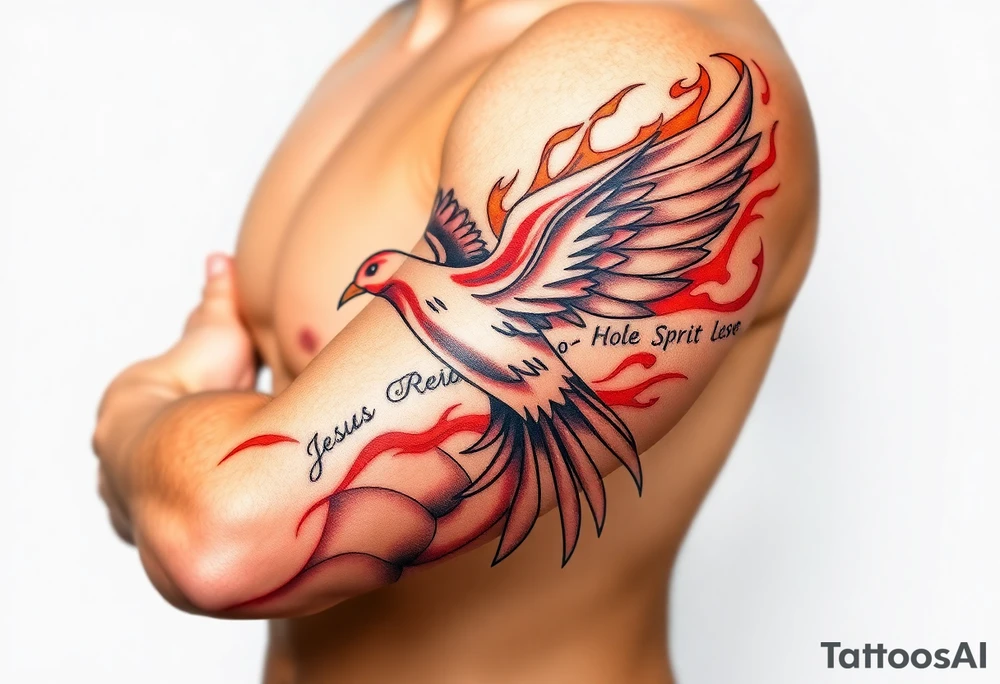 dove of fire with the names of Jesus and the Holy Spirit in English tattoo idea