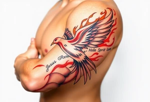 dove of fire with the names of Jesus and the Holy Spirit in English tattoo idea