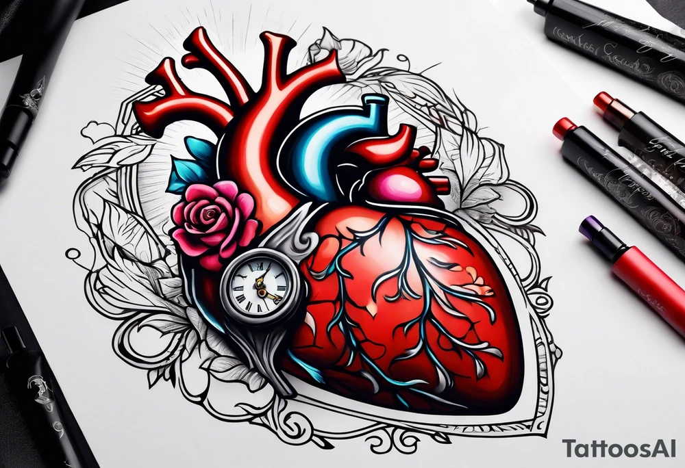 Anatomical heart with clock tattoo idea