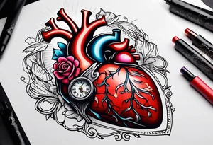 Anatomical heart with clock tattoo idea