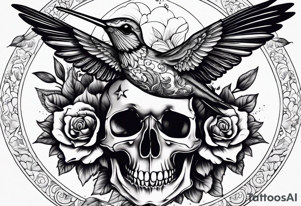 hummingbird, skull, flower, storm clouds tattoo idea