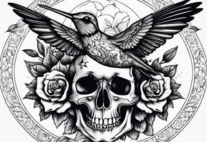 hummingbird, skull, flower, storm clouds tattoo idea