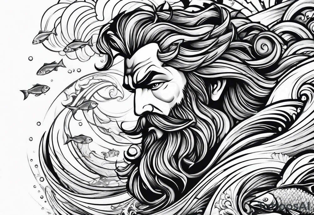 Poseidon with waves and fish tattoo idea