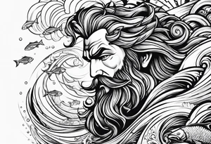 Poseidon with waves and fish tattoo idea