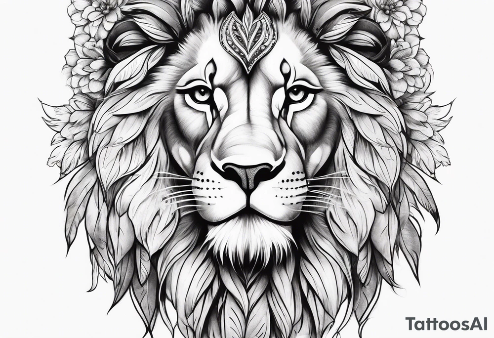 Feminine lion with feathers floral tattoo idea