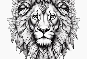 Feminine lion with feathers floral tattoo idea