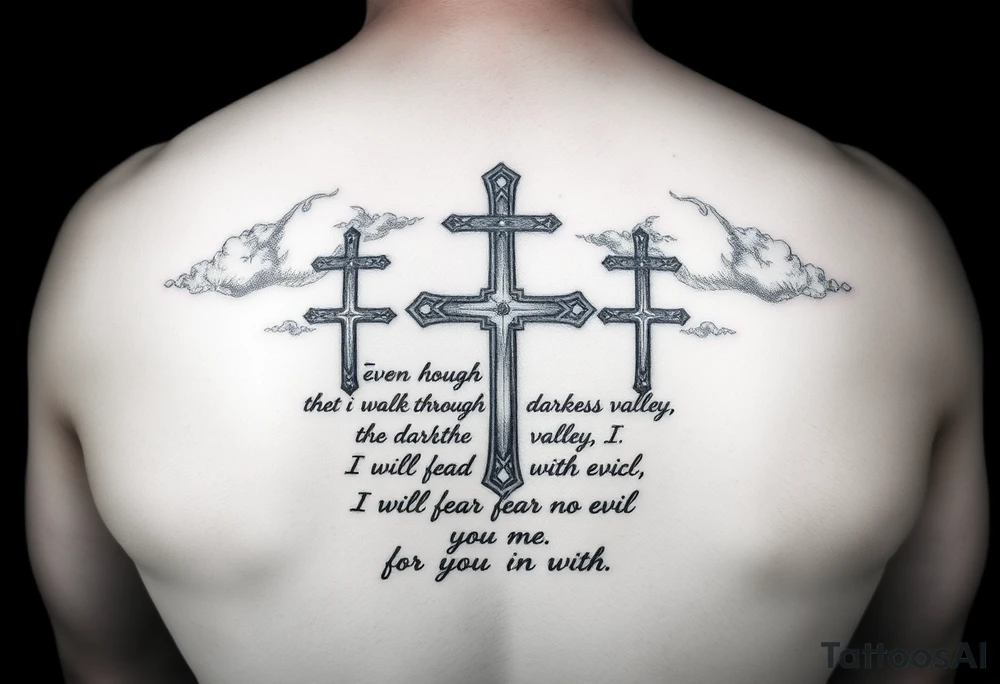 3 crosses, clouds, even though I walk through the darkest valley, I will fear no evil, for you are with me tattoo idea