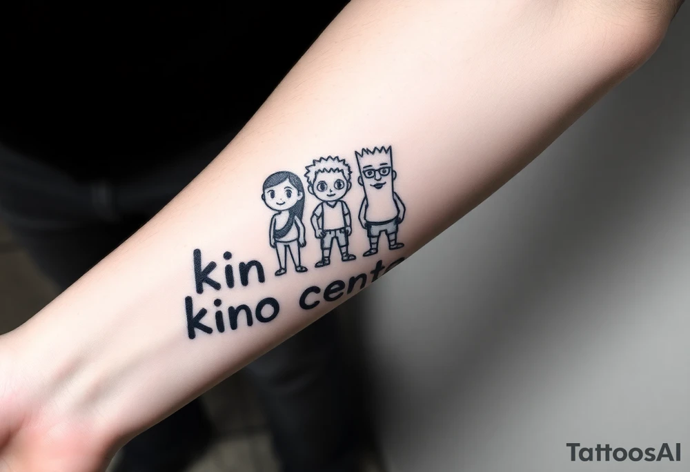 Forearm tattoo of cartoon characters standing on top of the words kino central tattoo idea