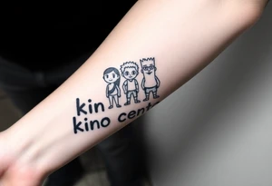 Forearm tattoo of cartoon characters standing on top of the words kino central tattoo idea
