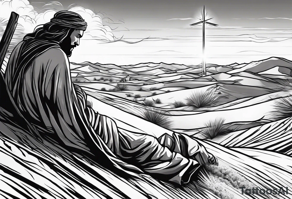 man crawling in a desert reaching to the cross of Christ tattoo idea