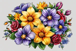 bunch of flowers that include violets, daffodils, daisies, roses, morning glorys, marigolds, chysanthemums tattoo idea