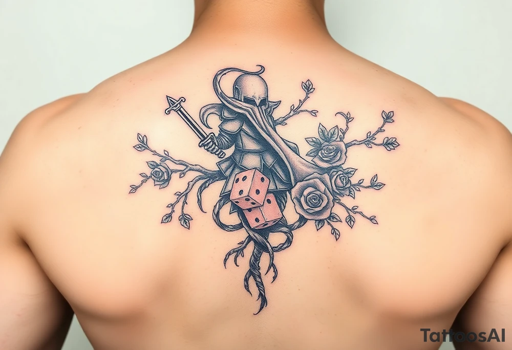 knight and squid intertwined with tree roots and roses rolling dice tattoo idea