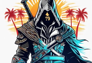 assassins creed character that is in the style of tron with palm trees tattoo idea