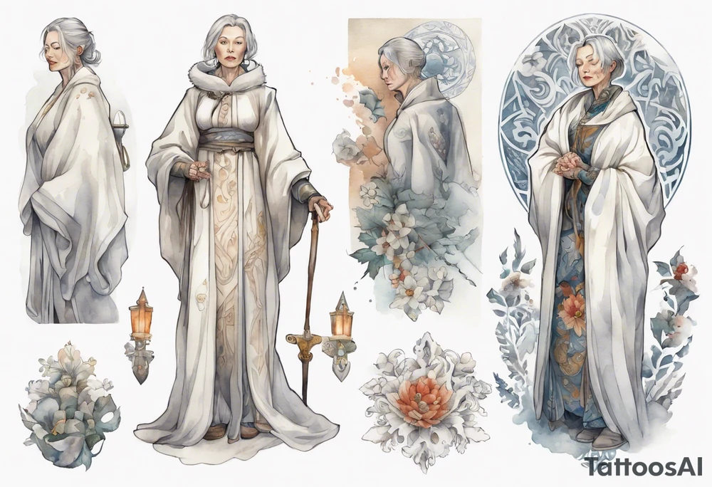 platinum Nordic woman in her 40s wearing white medieval robe tattoo idea