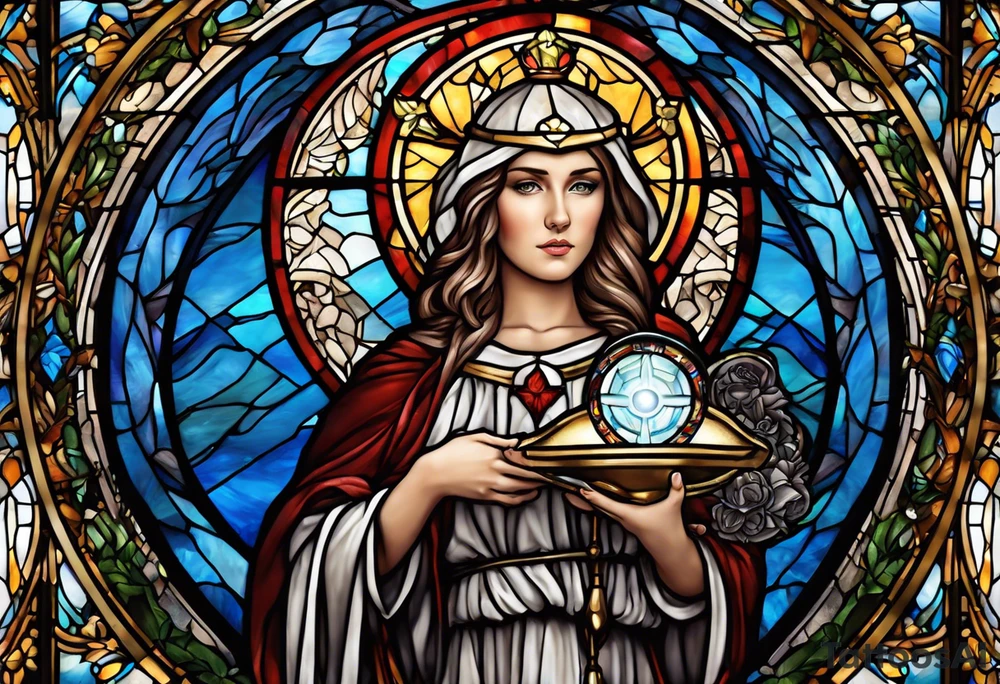 holy saint woman with halo stained glass holding a chalice with artillery tattoo idea