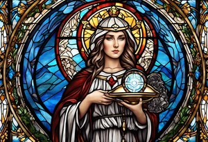 holy saint woman with halo stained glass holding a chalice with artillery tattoo idea