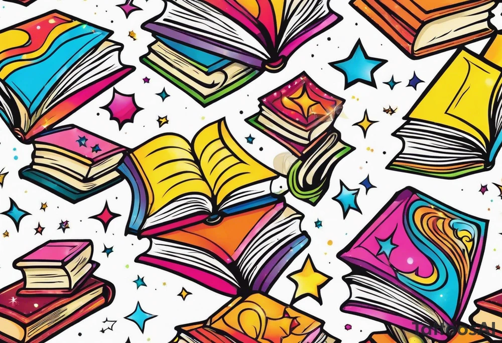 Books with sparkles and swirls tattoo idea
