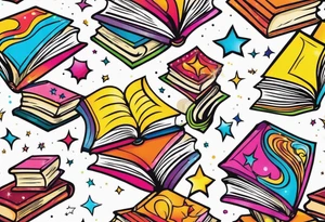 Books with sparkles and swirls tattoo idea