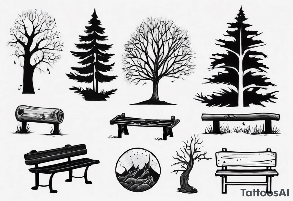 Tattoo about a tree next to a log bench tattoo idea