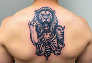 Roaring Leo lion holding virgo woman with robe and wavy hair, add Sagittarius female and Capricorn male below these tattoo idea