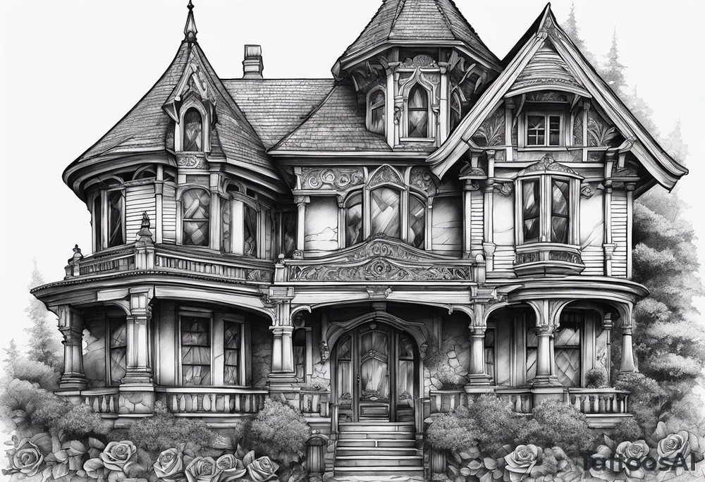 old broken gothic home, broken sword, roses tattoo idea