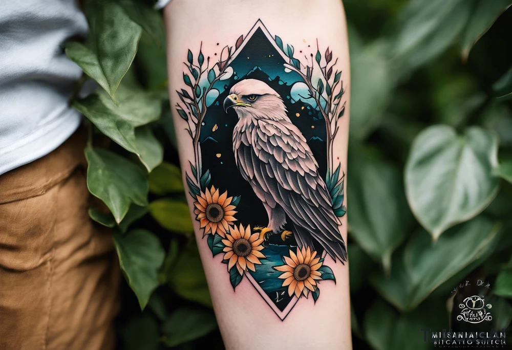 Small inside arm tattoo. Black kite (Daya's name), nature (trees/sea), small sunflower. Soft colours tattoo idea