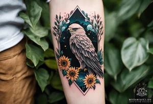 Small inside arm tattoo. Black kite (Daya's name), nature (trees/sea), small sunflower. Soft colours tattoo idea