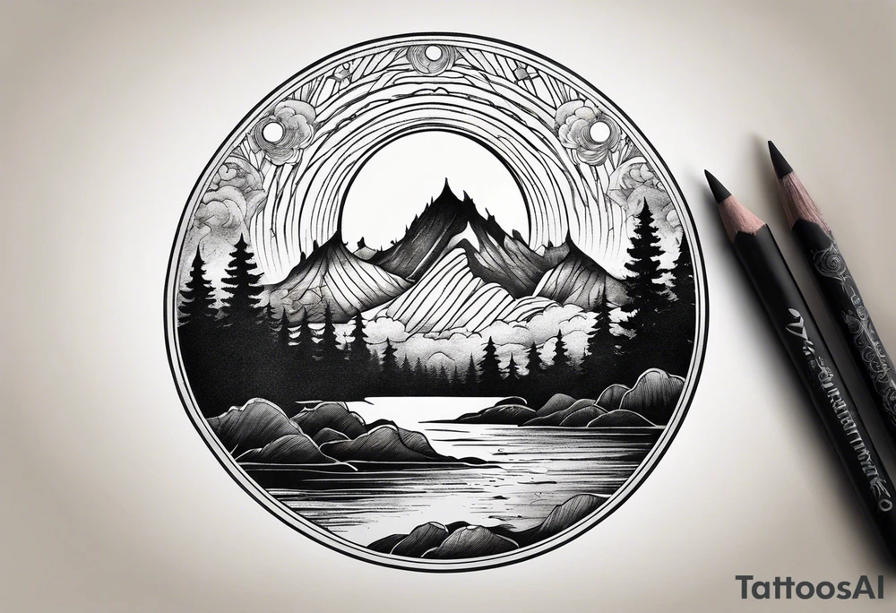 northern lights mountain circle shaped tattoo idea