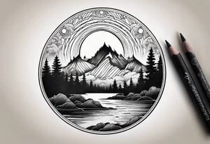 northern lights mountain circle shaped tattoo idea