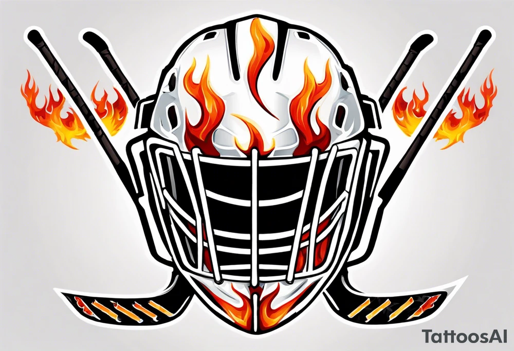 goalie mask with crossed hockey sticks and flames that says "SHOT HOCKEY" tattoo idea