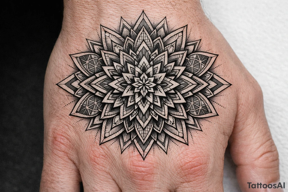 Geometric mandala extension — continuing an existing hand mandala outward with linework petals, sacred-geometry fillers and dotwork shading into the empty skin., Blackwork / geometric dotwork, fine linework, symmetrical mandala style tattoo idea