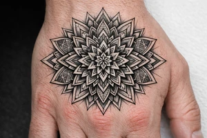 Geometric mandala extension — continuing an existing hand mandala outward with linework petals, sacred-geometry fillers and dotwork shading into the empty skin., Blackwork / geometric dotwork, fine linework, symmetrical mandala style tattoo idea