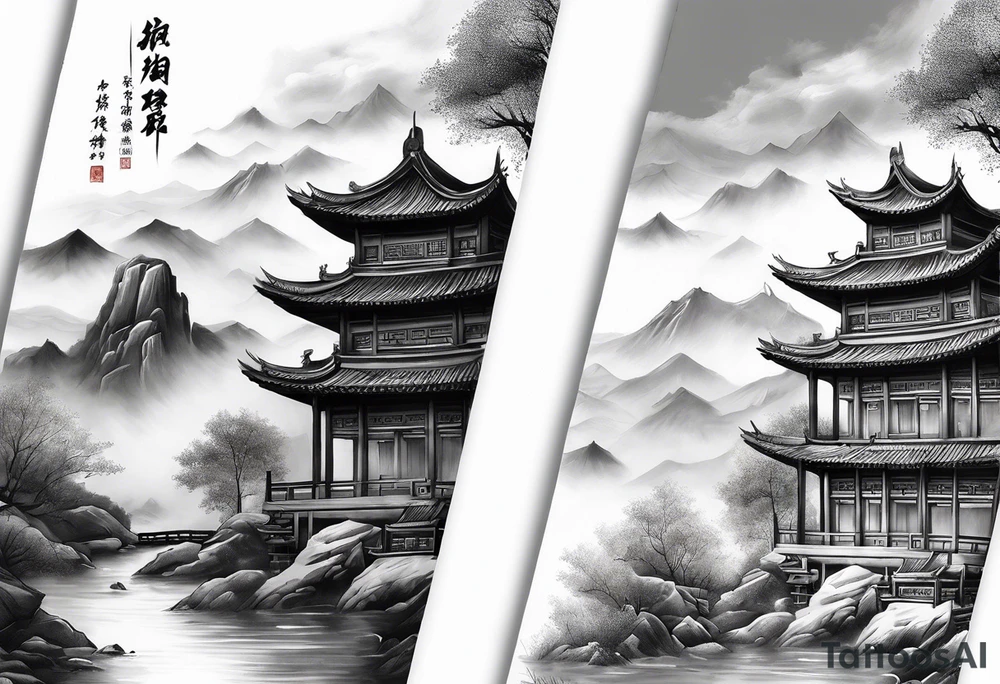forearm sleeve traditional chinese art painting style autumn mountains mist fog water Chinese temple two figures wearing robes tattoo idea