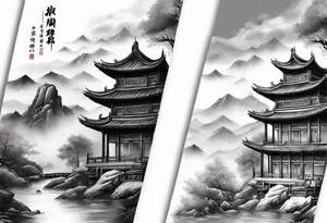 forearm sleeve traditional chinese art painting style autumn mountains mist fog water Chinese temple two figures wearing robes tattoo idea