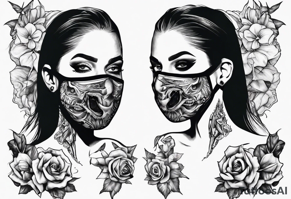 the face of a girl in a black mask who licks the plane with her tongue tattoo idea