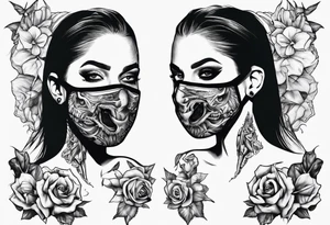the face of a girl in a black mask who licks the plane with her tongue tattoo idea