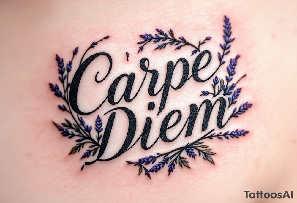 Fine-line cursive "Carpe Diem" in charcoal gray, with lavender sprigs entwined around the letters. tattoo idea