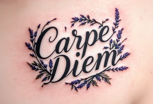 Fine-line cursive "Carpe Diem" in charcoal gray, with lavender sprigs entwined around the letters. tattoo idea