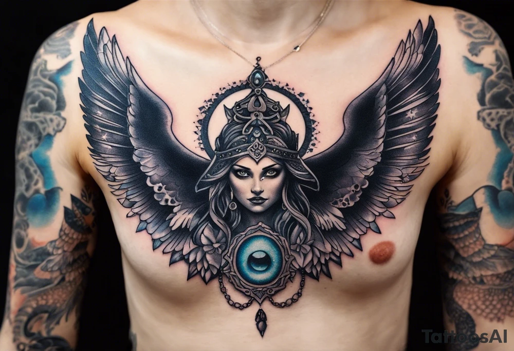 black kali, goddess pirate, alien, angel, pachamama, valkrye, warrior, flying, skull, lotus azul, wing, eagle, zenza resonance, stars, 5D, anahata chakra, death, durga, riding on a tiger, flying lady, kundalini, chest tatoo tattoo idea