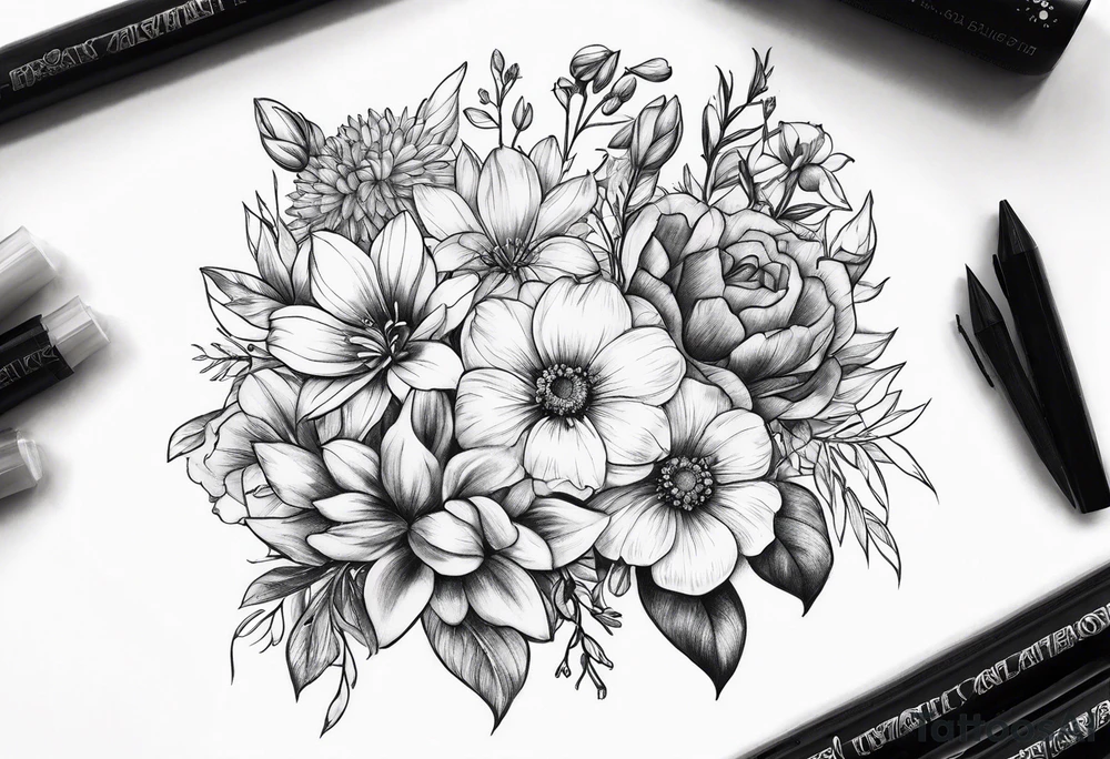 Bouquet of birth flowers tattoo idea