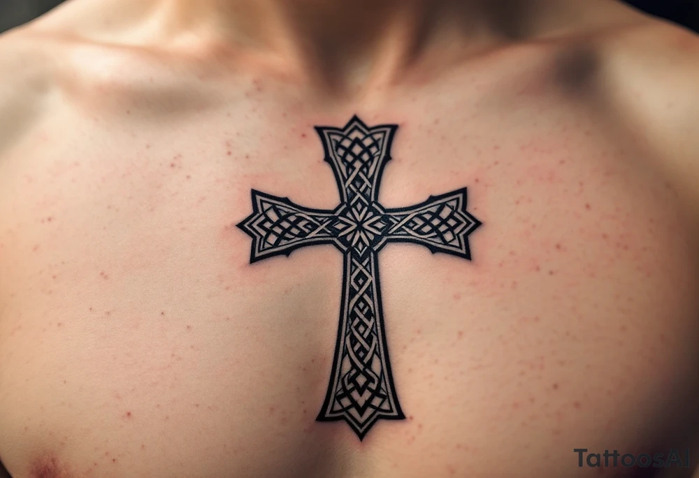 A Celtic cross with sharp, geometric edges, blending traditional design with modern minimalism. tattoo idea