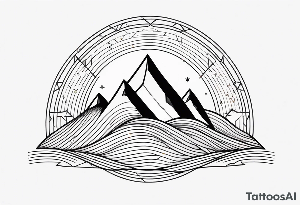 Mountain Massif, one Peak, only peak surrounded woth semi circle dashed Line, in semi circle two littel fine Stars, waves overlapping in Side, Open geometrical Forms Like Diamond with Open lines tattoo idea