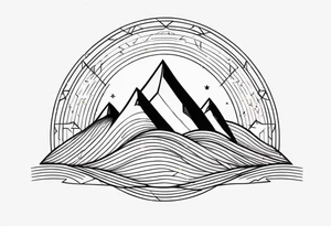 Mountain Massif, one Peak, only peak surrounded woth semi circle dashed Line, in semi circle two littel fine Stars, waves overlapping in Side, Open geometrical Forms Like Diamond with Open lines tattoo idea