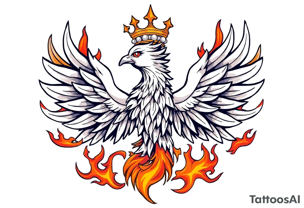 powerful majestic Phoenix with crown, surrounded by flames tattoo idea