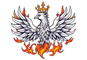powerful majestic Phoenix with crown, surrounded by flames tattoo idea
