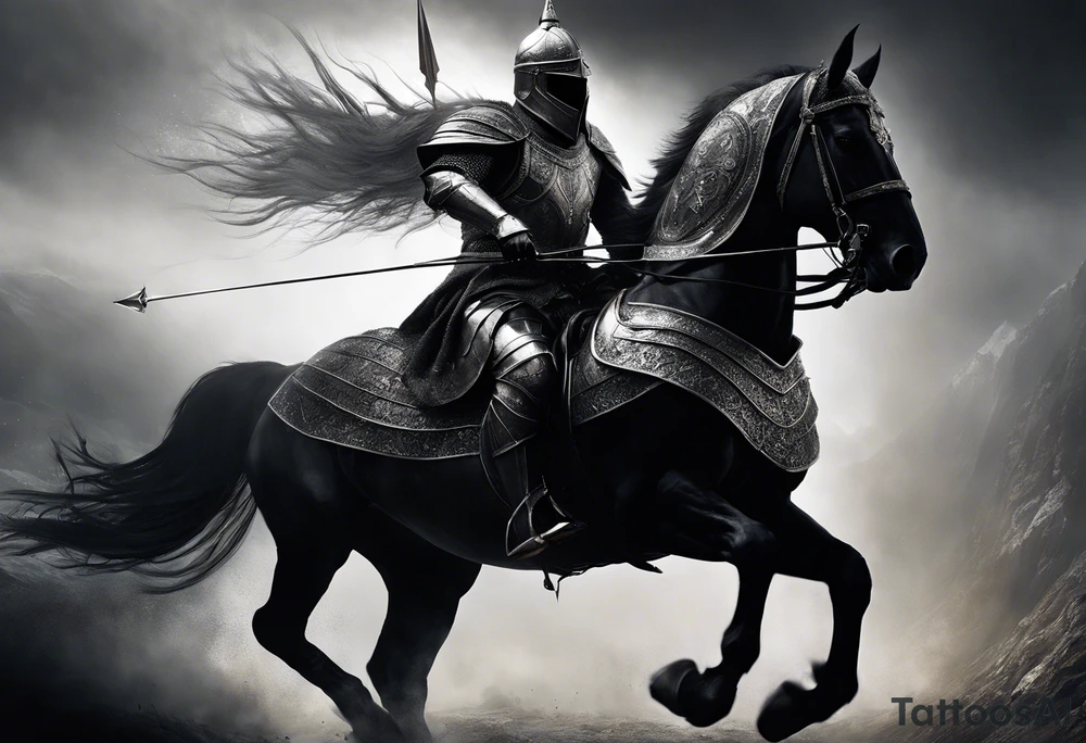 Dark art of the first horseman of the apocalypse. Wearing iron armor with a crown-shaped helmet, carrying a bow and arrows in one hand, he rides a white horse that is strong and slender, wearing shiny ornaments on his face. It is not possible to see the face of the horseman, who is obscured by the darkness and fog of the image. It is important that the horseman is facing the image and that the image shows the entire body of both the horse and the rider. tattoo idea