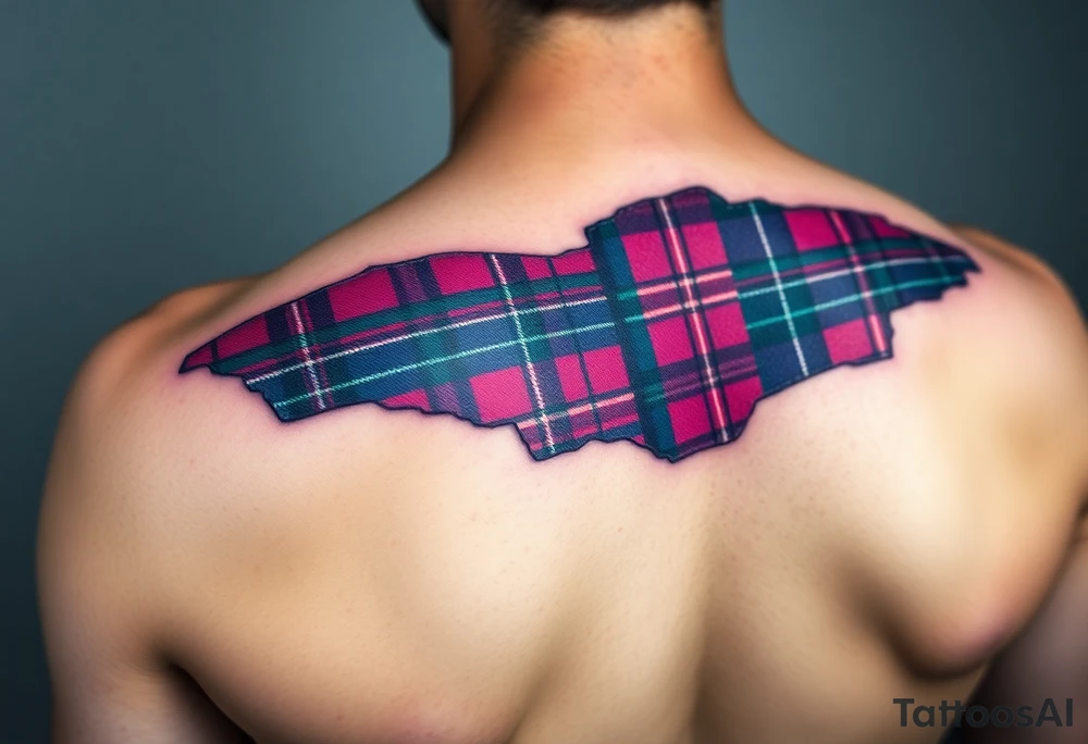 Tattoo on shoulder Dark Purple with green pink blue and white highlights tartan fabric 
with skin ripping away at edges tattoo idea