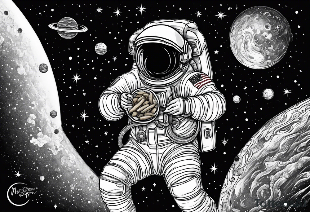 a picture of an astronaut eating a corn dog while floating in space showing the full body tattoo idea
